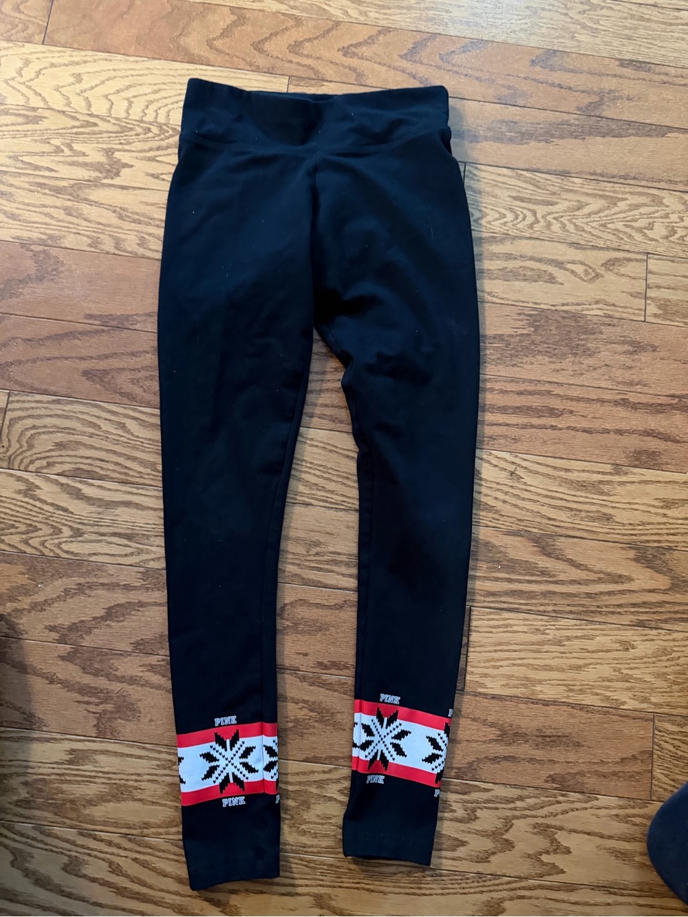 PINK Black Leggings with Red & White Snowflake Ankles